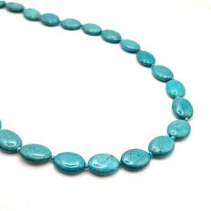 Turquoise Stone Bead Necklace Oval Polished Blue Green 18" Boho Southwestern